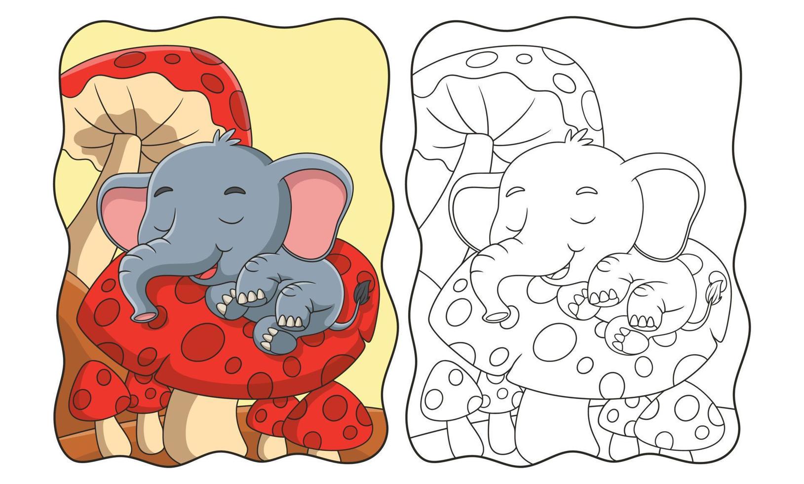 ilustración de dibujos animados elefante dormido sobre un hongo gigante durante el día libro o página para niños vector