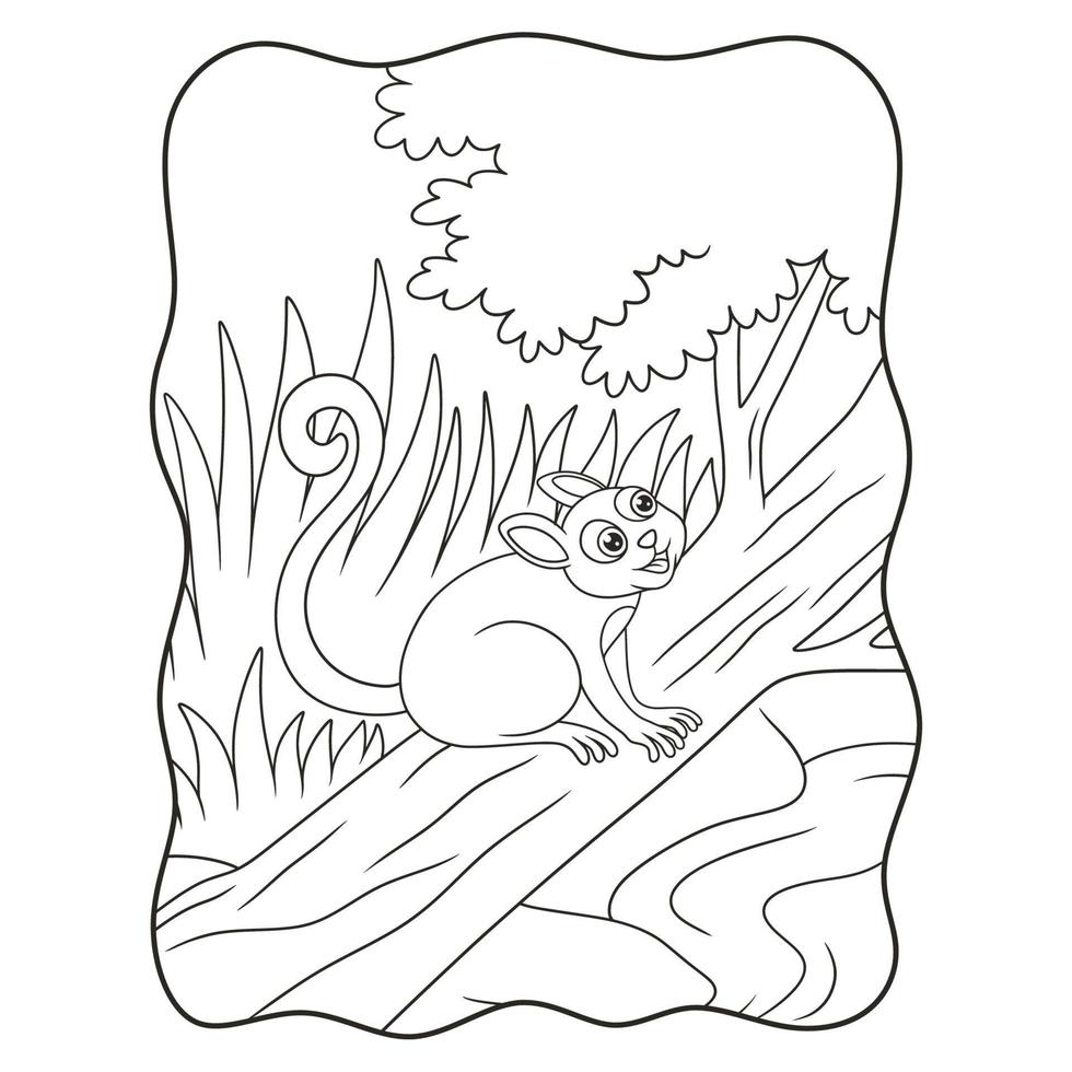 ilustración de dibujos animados tarseros relajándose en un tronco de árbol caído junto al río para disfrutar de la belleza del libro o página del bosque para niños en blanco y negro vector