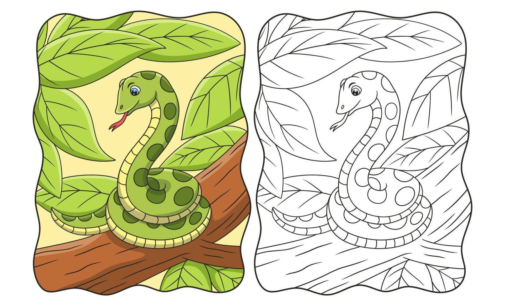 ilustración de dibujos animados una serpiente relajándose en un árbol grande y alto para ver a su presa desde arriba del libro o página para niños vector