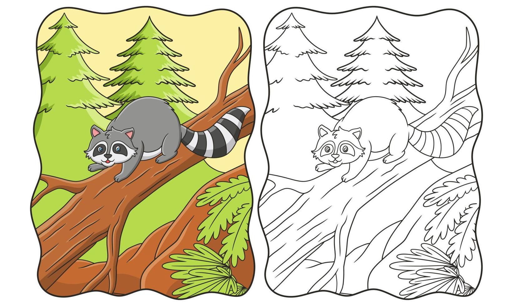 los mapaches de ilustración de dibujos animados se relajan en los troncos de los árboles en medio del bosque para disfrutar del libro solar o la página para los niños vector