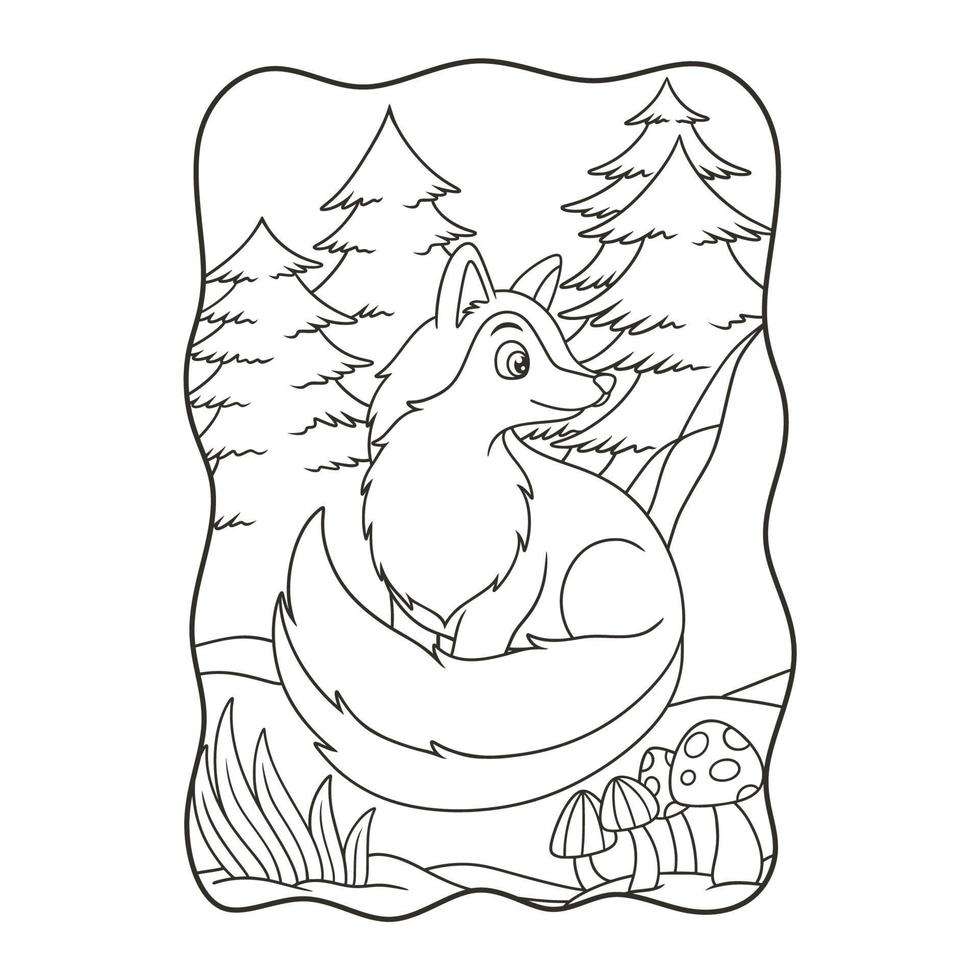 cartoon illustration The wolf is sitting relaxing in the middle of the forest and looking back as if someone is watching him book or page for kids black and white vector