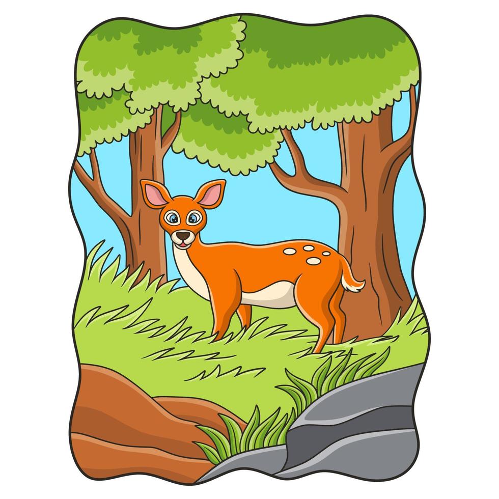 cartoon illustration a deer walking in the tall grass under a big tree looking for food vector
