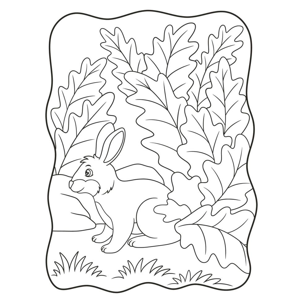 cartoon illustration rabbits who are looking for food and shelter under the leaves of a large tree because of the hot sun book or page for kids black and white vector