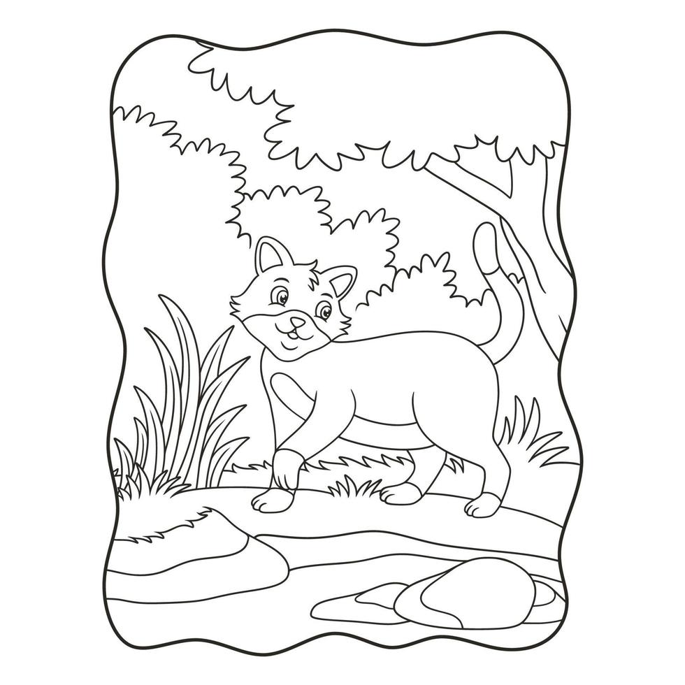 cartoon illustration a squirrel running towards food on a fallen tree trunk in the middle of the forest book or page for kids black and white vector