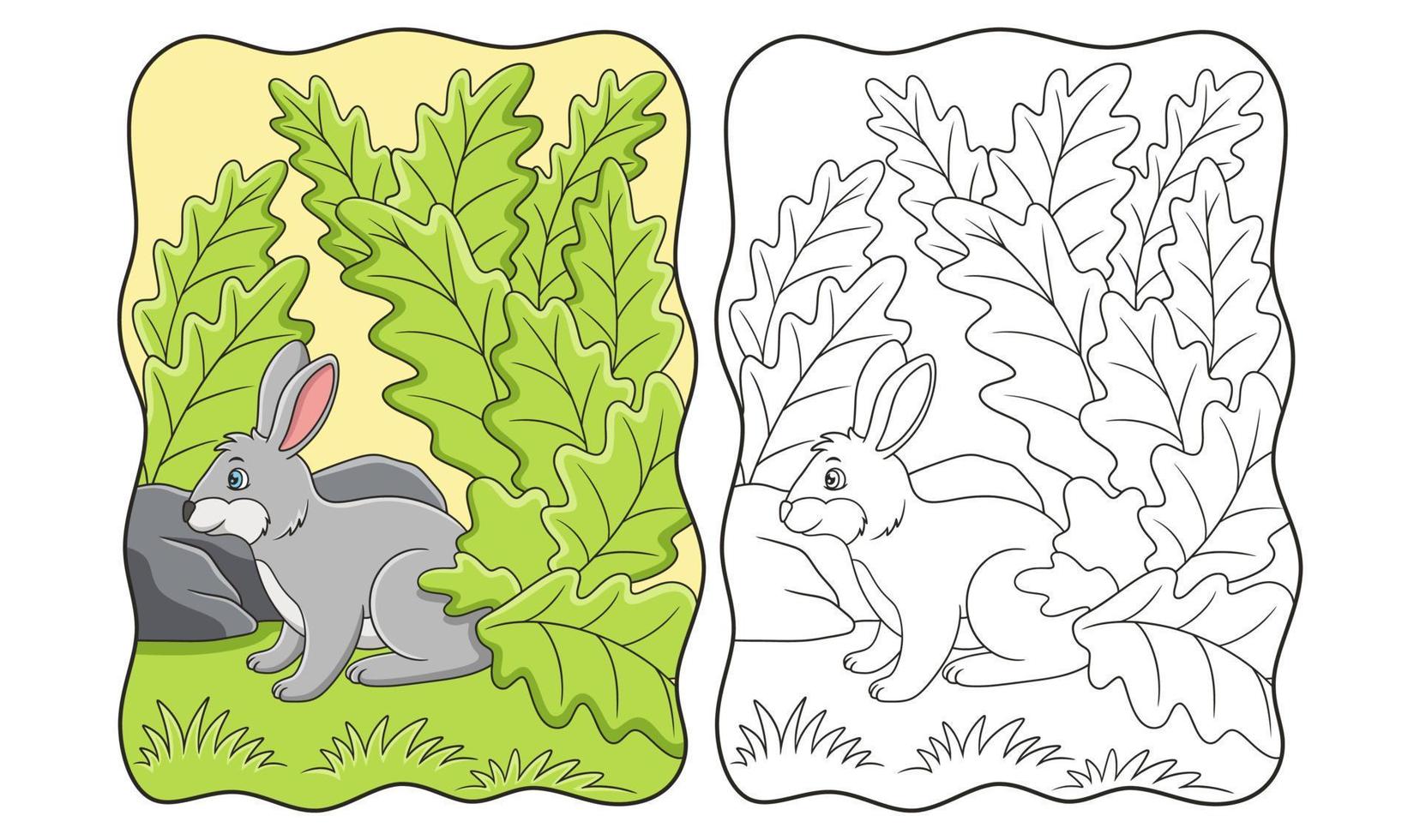 ilustración de dibujos animados conejos que buscan comida y refugio bajo las hojas de un árbol grande debido al sol caliente libro o página para niños vector