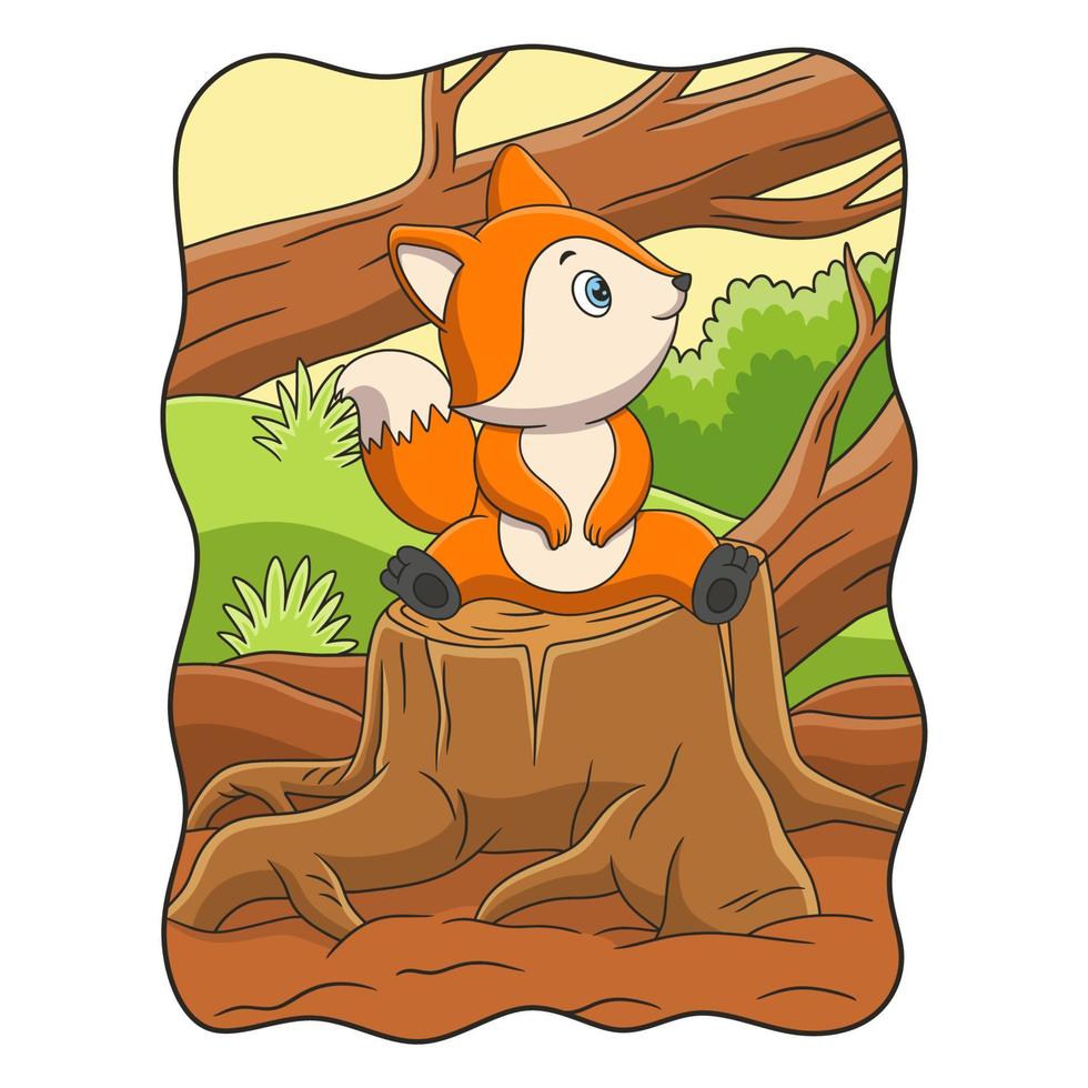 cartoon illustration a fox sitting and relaxing enjoying the weather during the day on the trunk of a big tree that was cut down vector