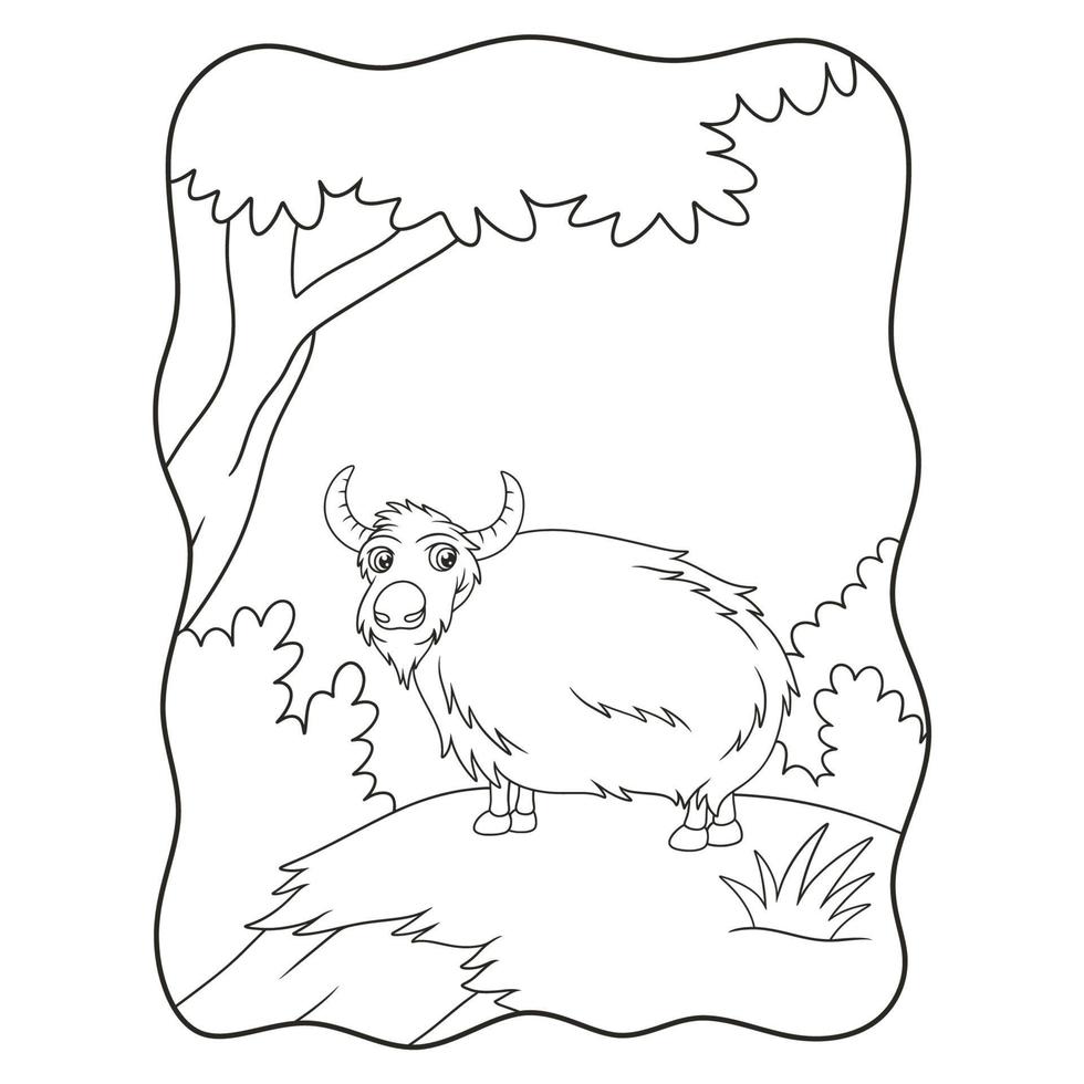 cartoon illustration a goat is walking in the middle of the meadow under a tree looking for food book or page for kids black and white vector