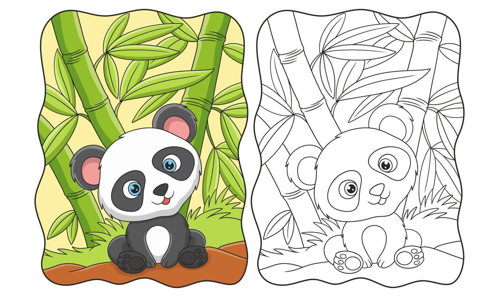 ilustración de dibujos animados panda sentado tranquilamente bajo un árbol de bambú en medio del libro o página del bosque para niños vector