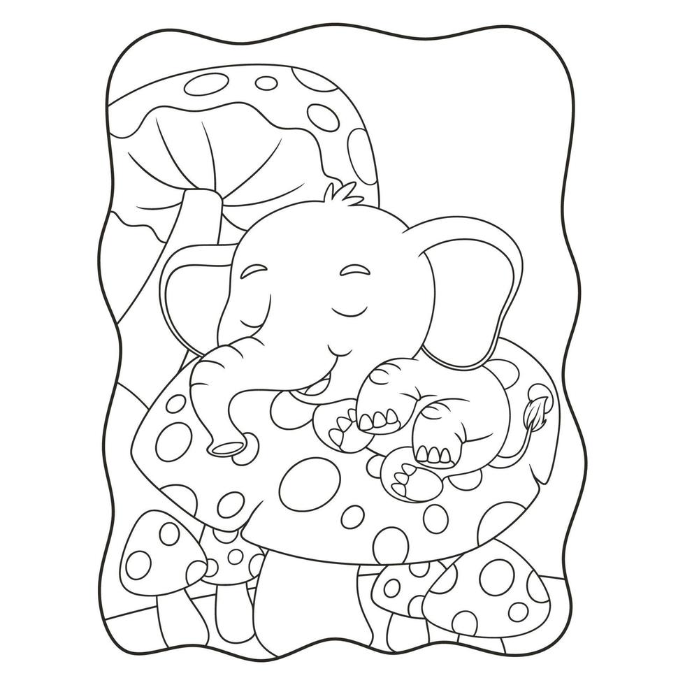 cartoon illustration sleeping elephant on a giant mushroom during the day book or page for kids black and white vector