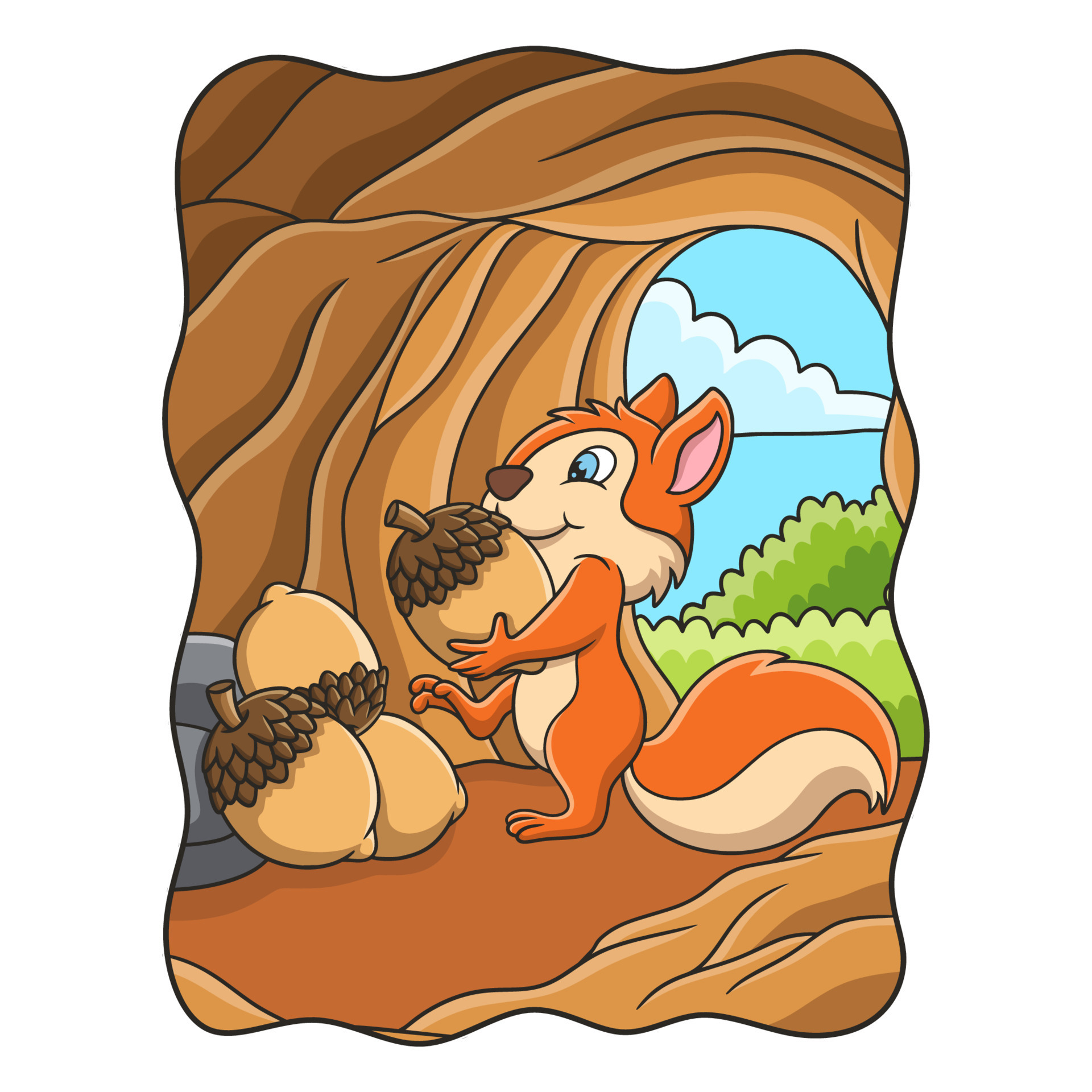 cartoon illustration the squirrel is collecting food supplies in the