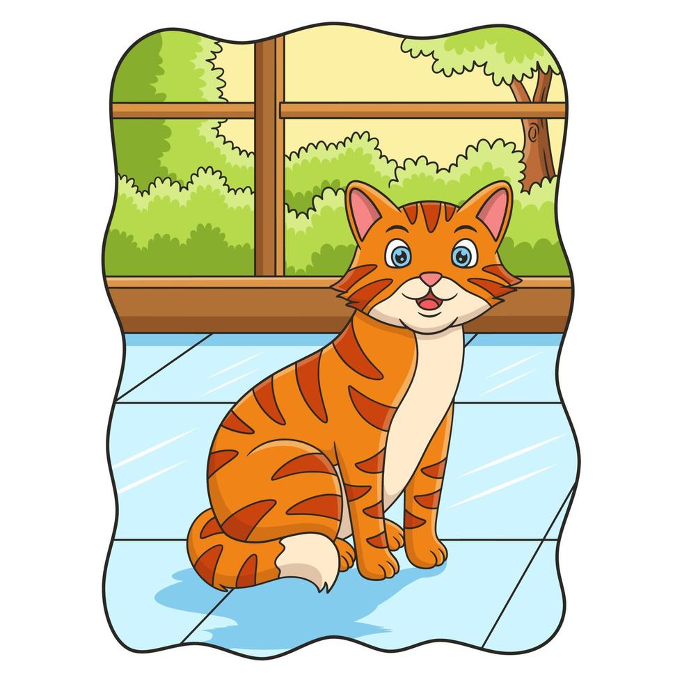 cartoon illustration the cat is standing behind the window in the house to see the scenery behind the window vector