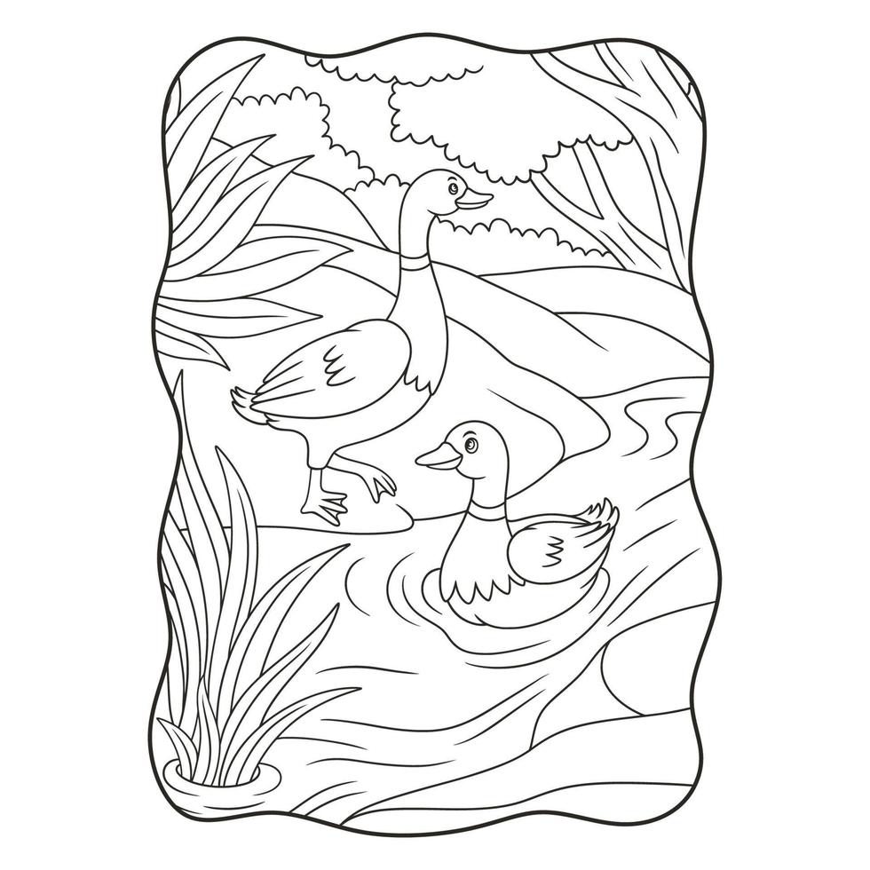 ilustración de dibujos animados el pato está caminando por el río y nadando en el libro o página del río para niños en blanco y negro vector