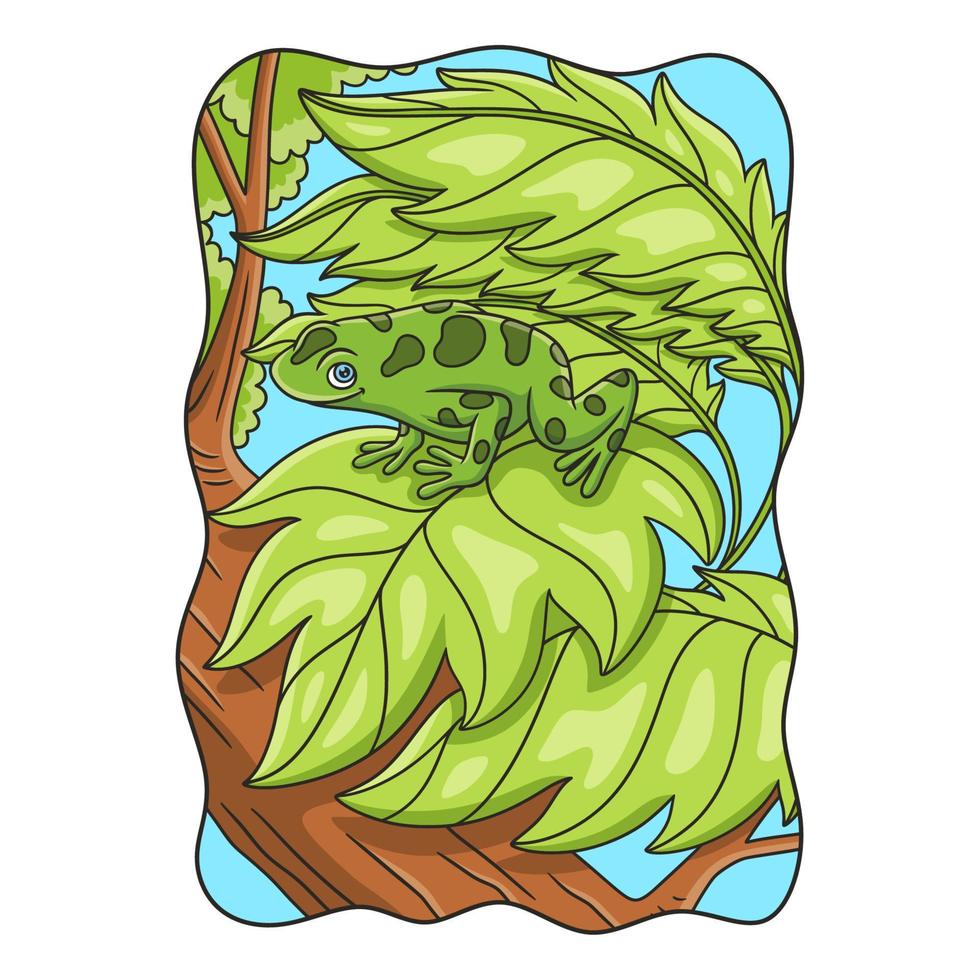 cartoon illustration the frog is on the leaf of a tree that is thick and high in the middle of the forest vector