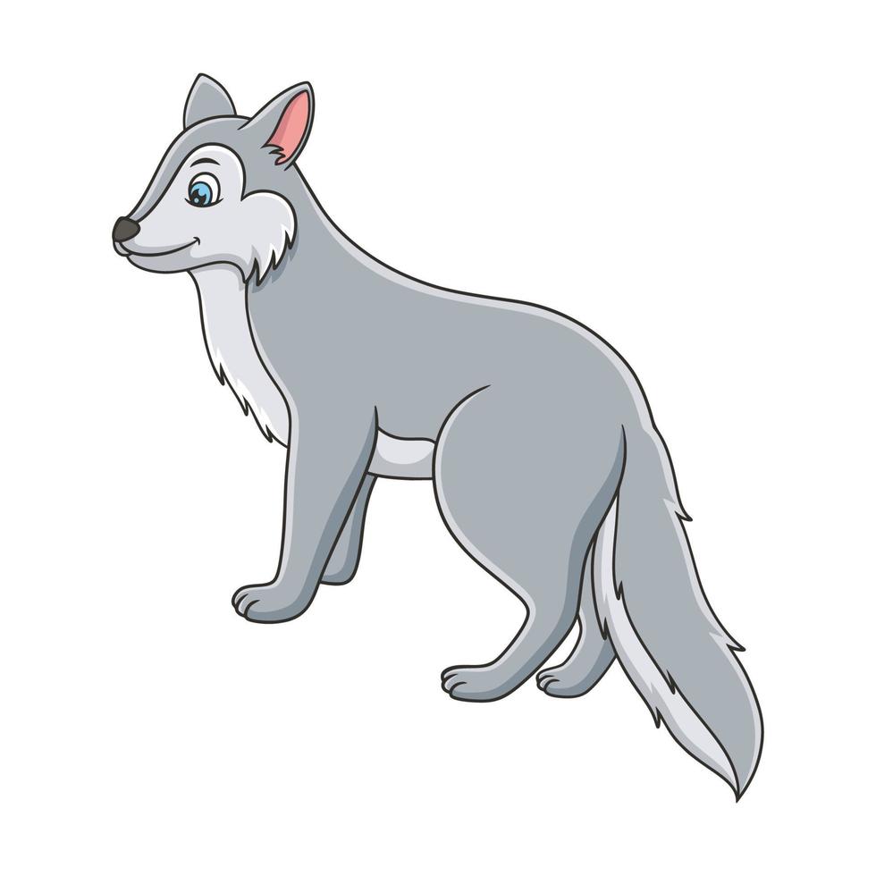cartoon illustration the wolf is standing coolly on a fallen tree trunk by the river looking in the opposite direction vector