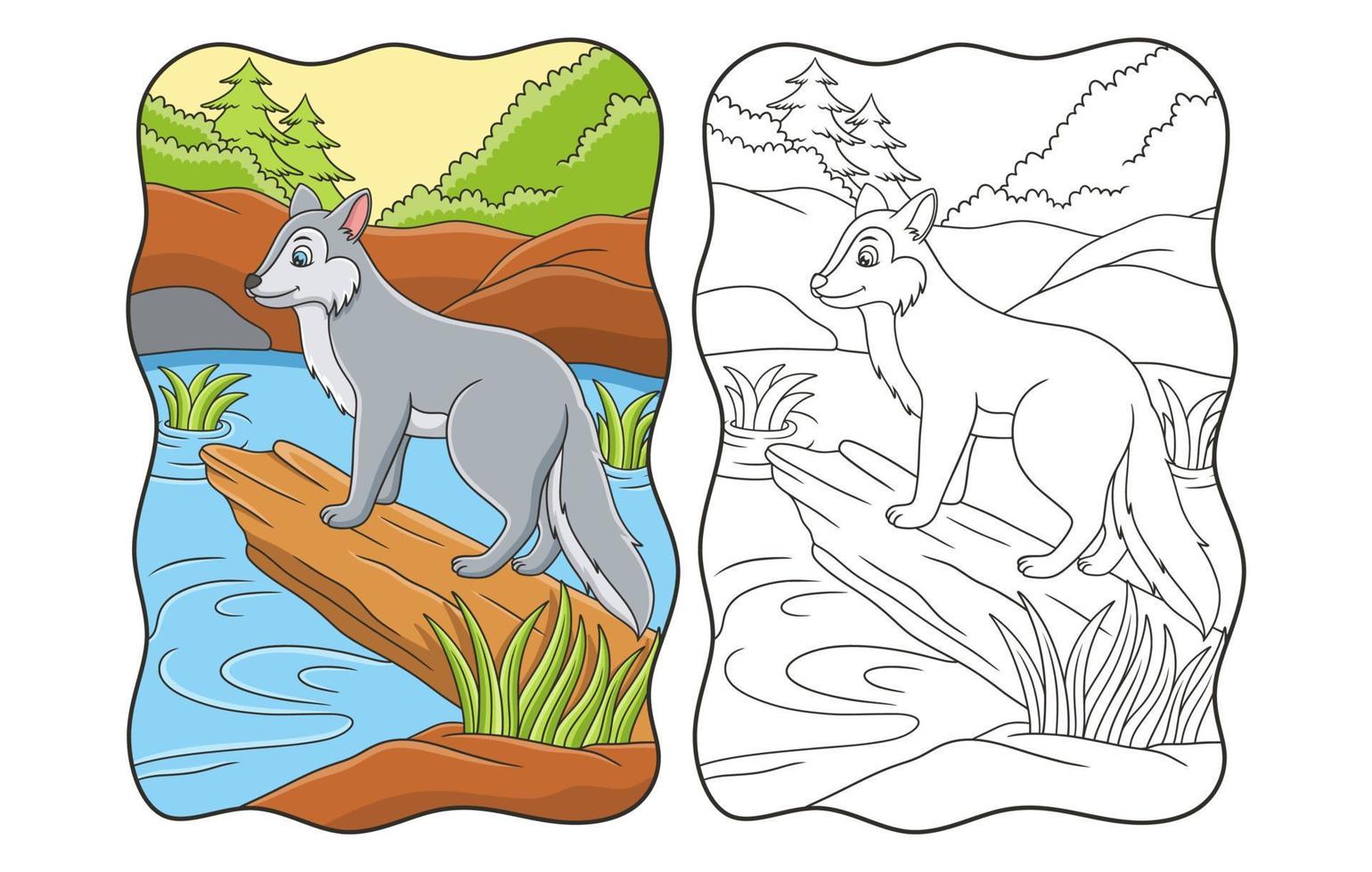 cartoon illustration the wolf is standing coolly on a fallen tree trunk by the river looking in the opposite direction book or page for kids vector