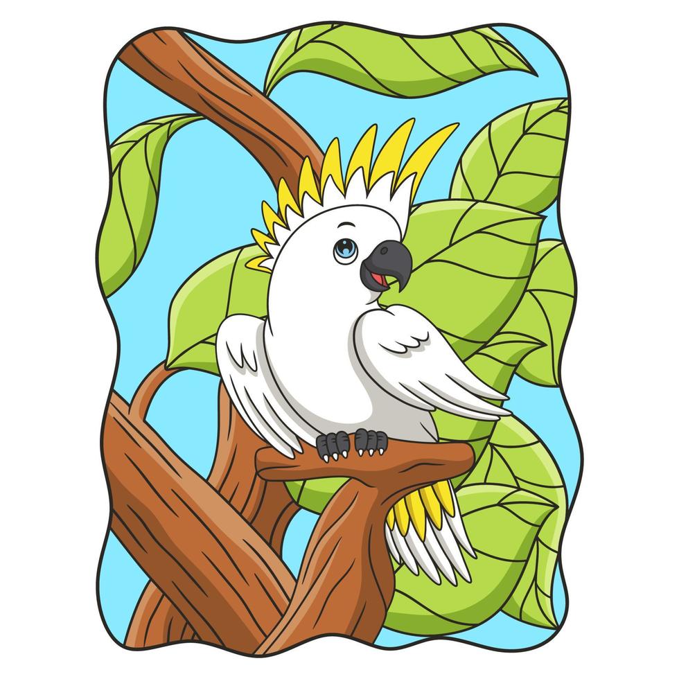 cartoon illustration white parrot is perched coolly on one of the tree trunks and showing its beauty to attract females vector