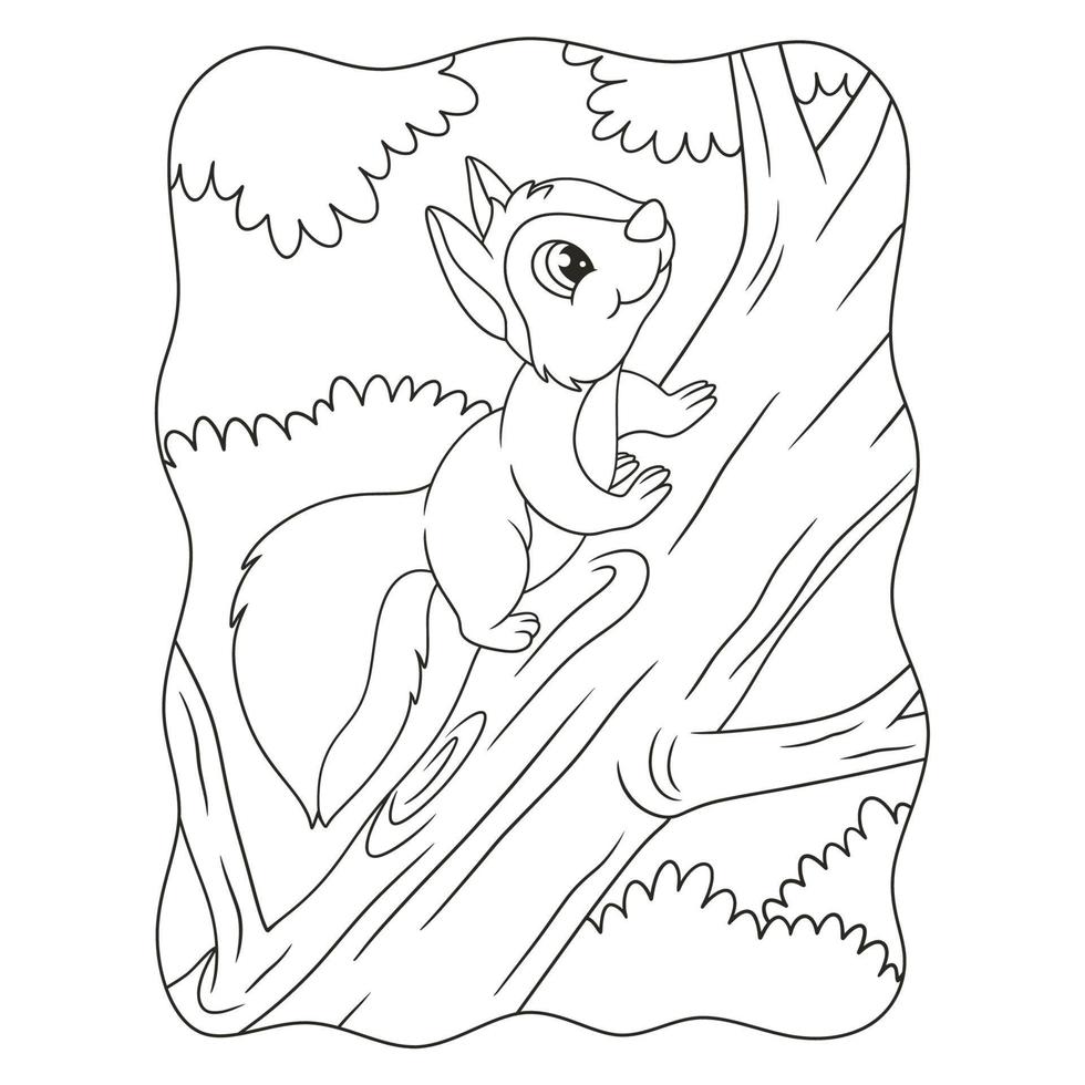 cartoon illustration a squirrel climbing a big tree to get food on it book or page for kids black and white vector