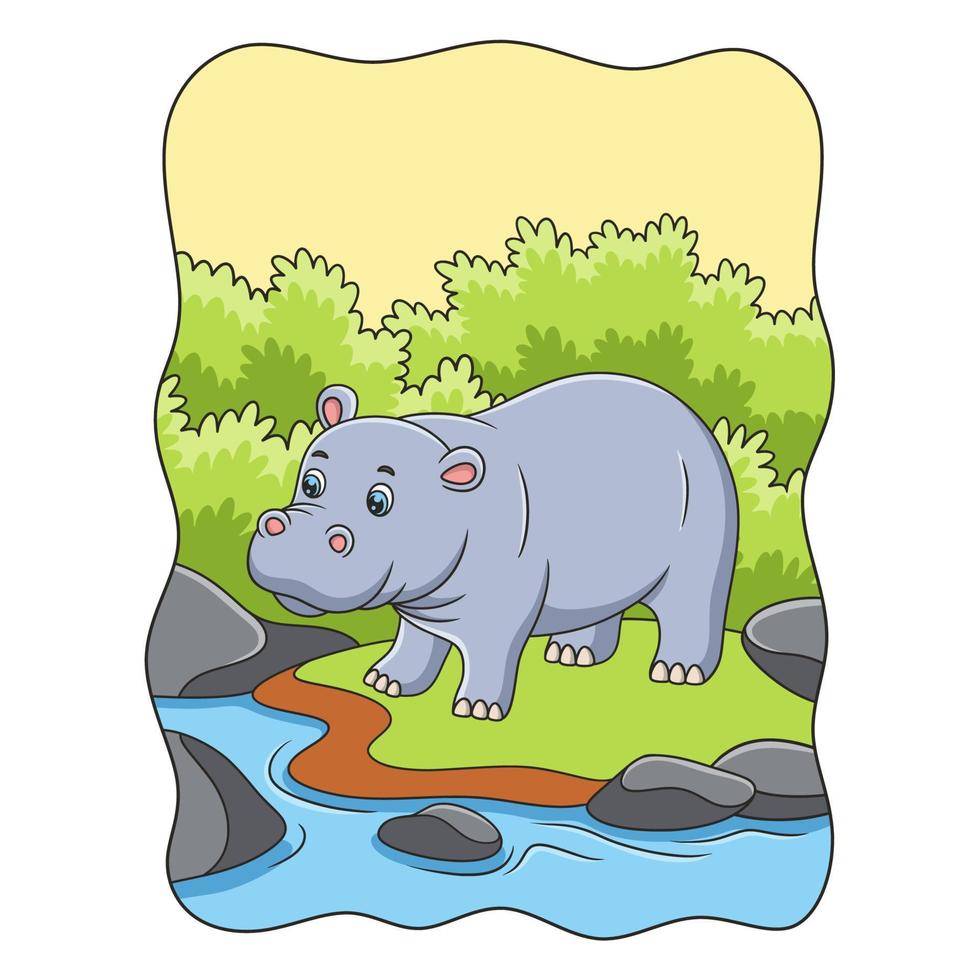 cartoon illustration a hippopotamus walking by the river in the middle of the forest vector