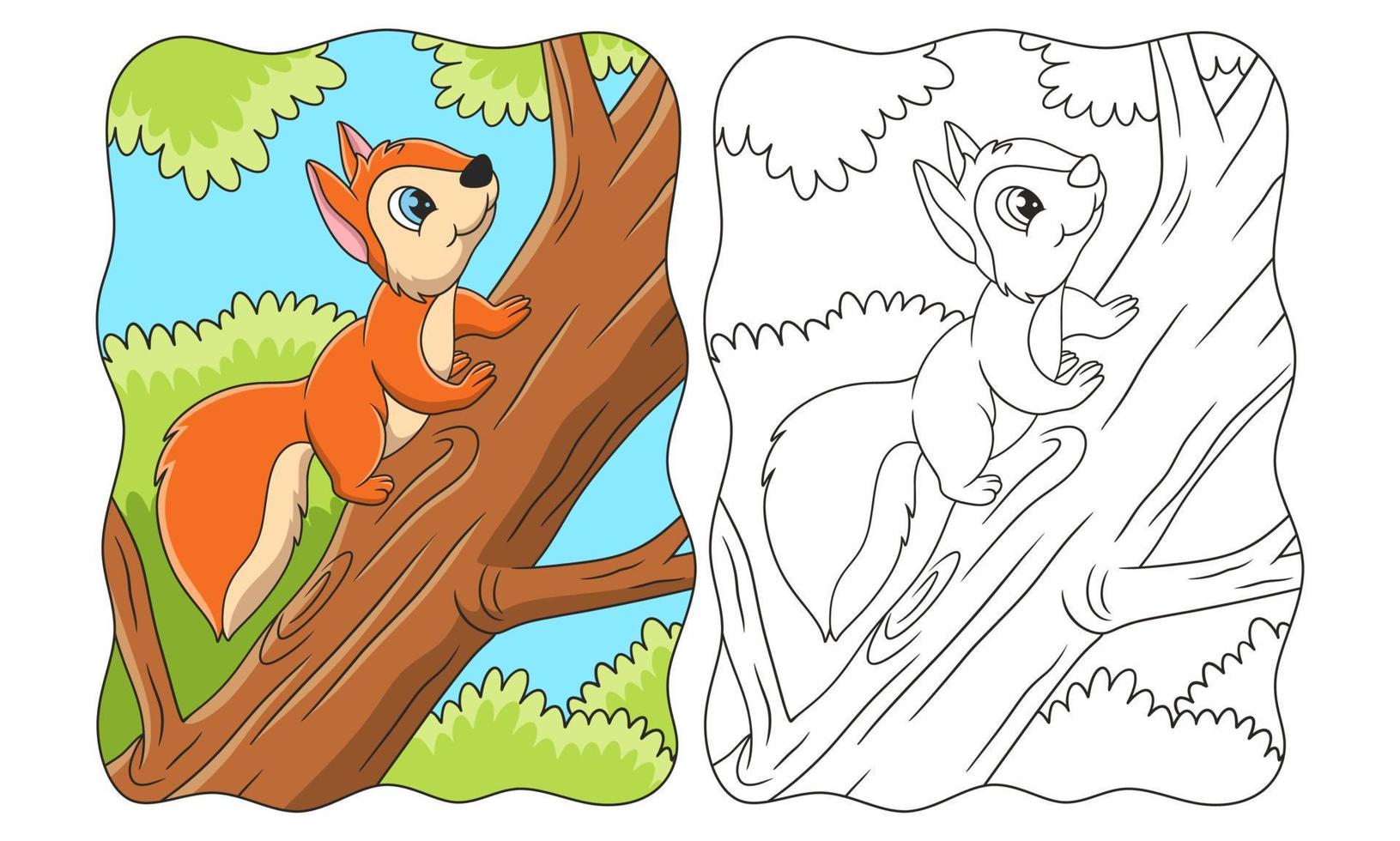 ilustración de dibujos animados una ardilla trepando un árbol grande para obtener comida en un libro o página para niños vector