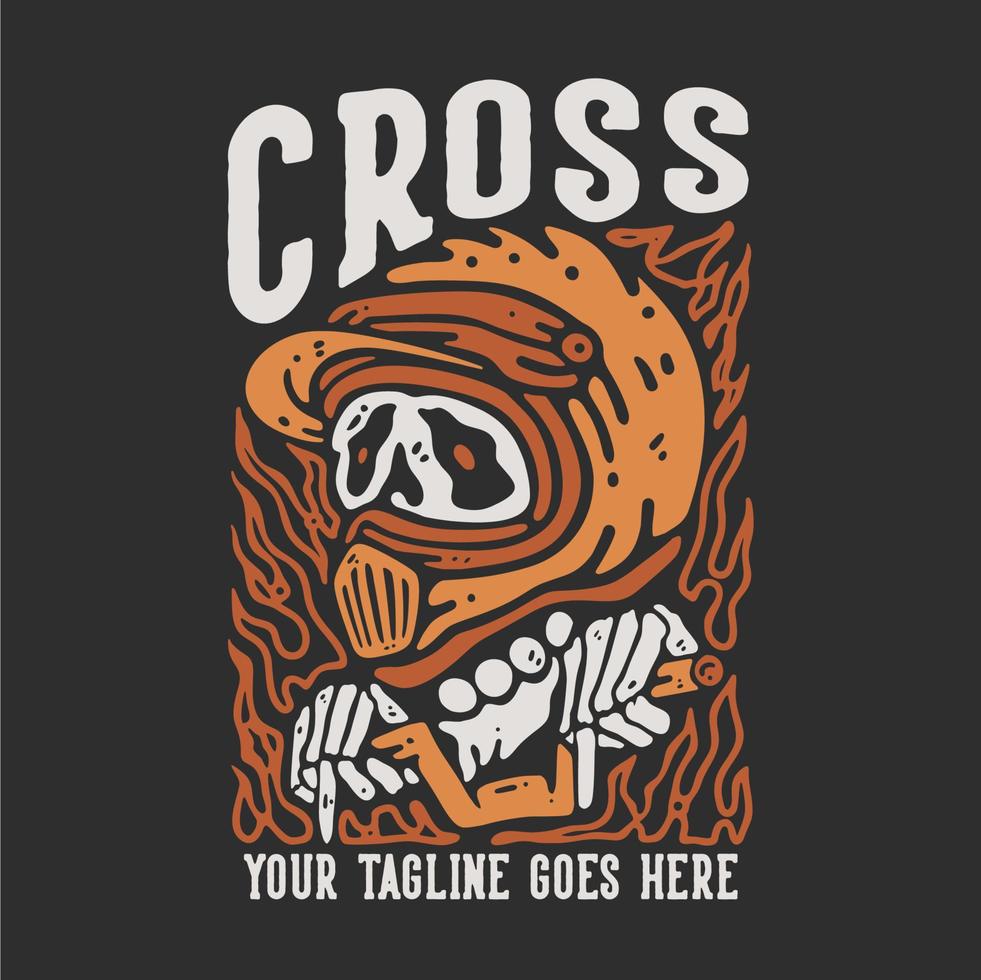 cruz de diseño de camiseta con esqueleto con casco de motocross con ilustración vintage de fondo gris vector
