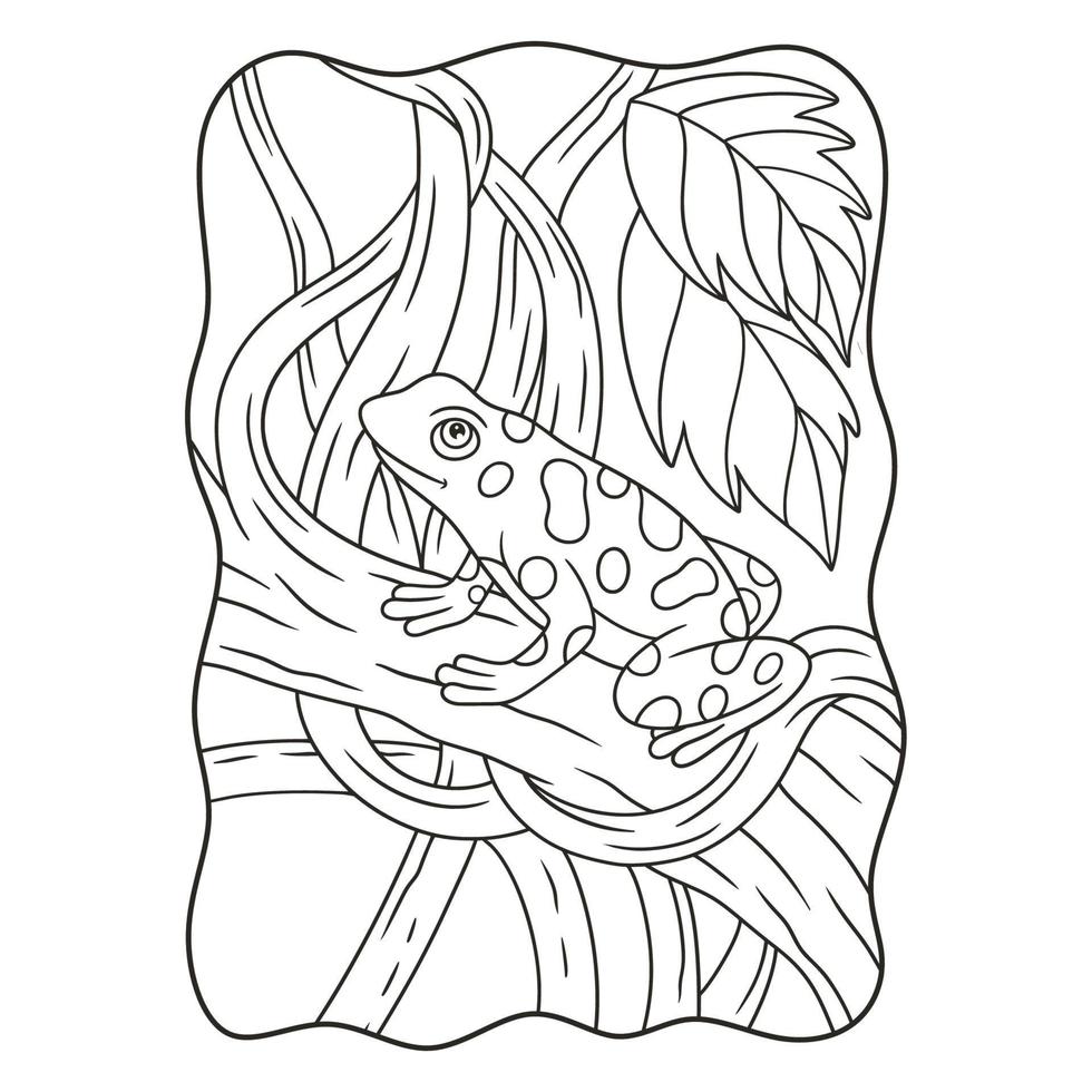 cartoon illustration a frog that is on a big tall tree with thick tree trunks around it book or page for kids black and white vector