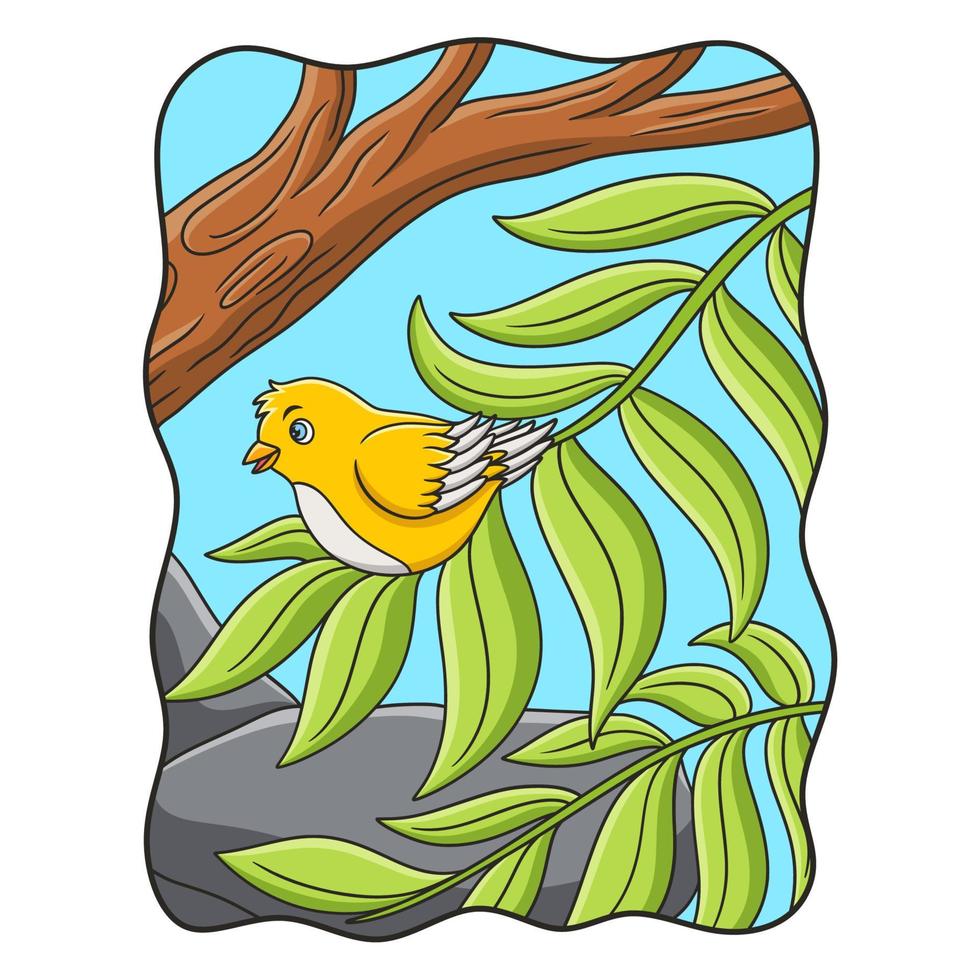 cartoon illustration a bird sitting on the leaves of a big tree high in the middle of the forest vector
