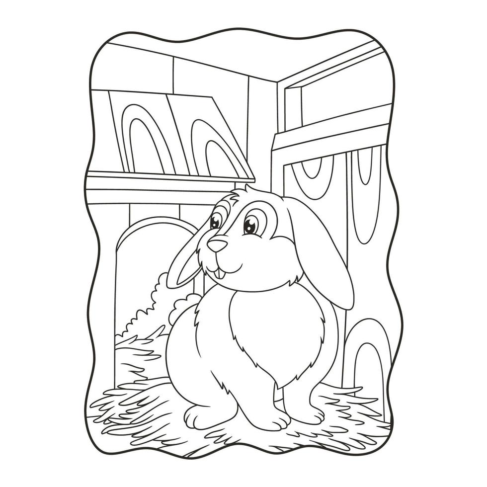 cartoon illustration the rabbit on the hay in the cage book or page for kids black and white vector