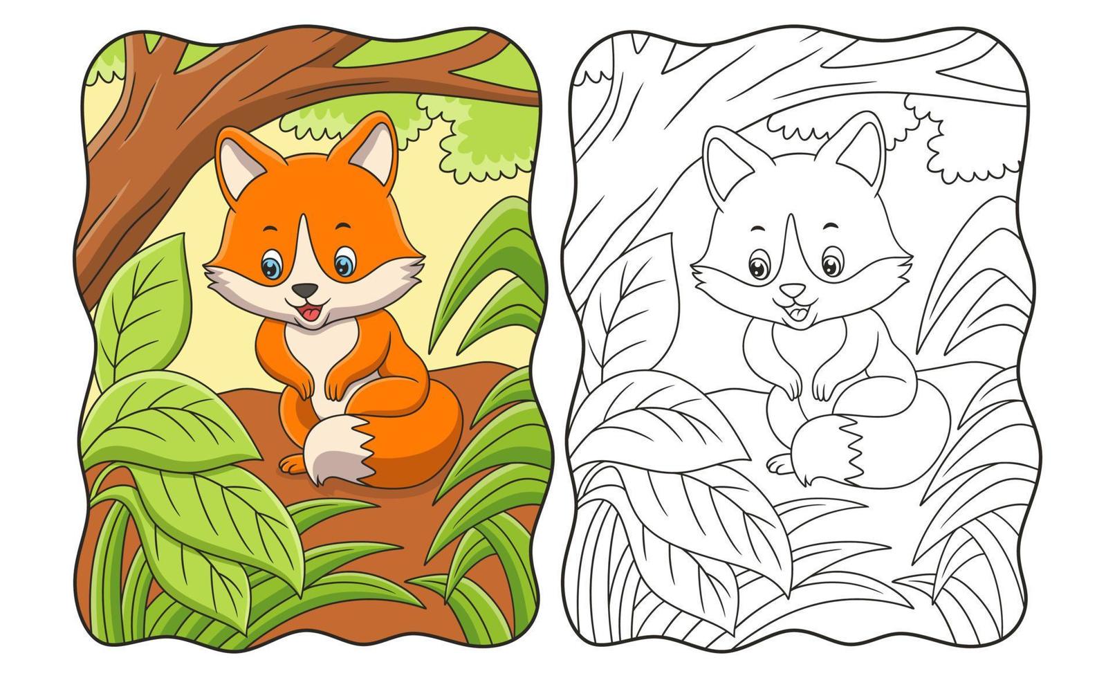 cartoon illustration a fox sitting under a big tree in the middle of the forest book or page for kids vector
