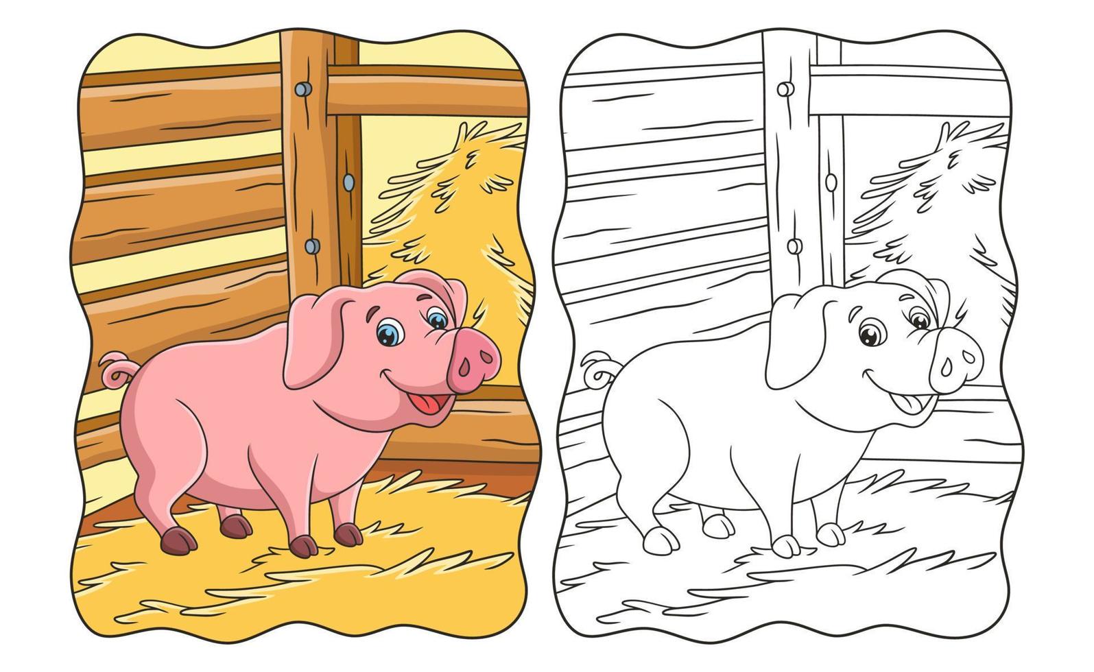 ilustración de dibujos animados de un cerdo caminando en su jaula en un libro o página de pajar para niños vector