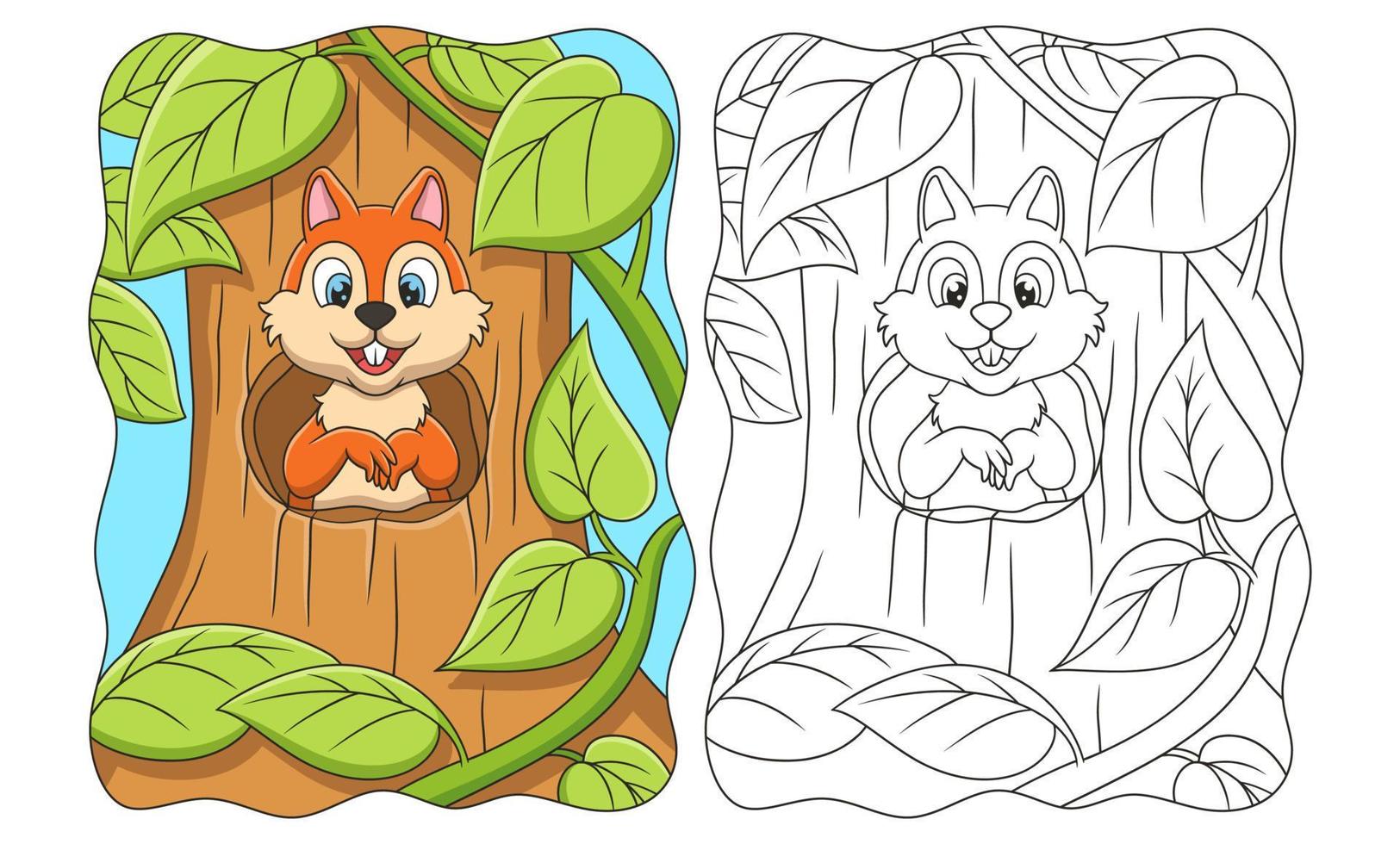 ilustración de dibujos animados de la ardilla parada frente al agujero en la puerta de su casa en un gran árbol en medio del libro o página del bosque para niños vector