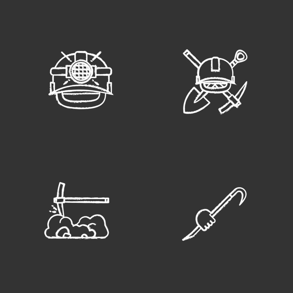 Construction tools chalk icons set. Mining. Safety helmet, mining emblem, pickaxe, crowbar in hand. Isolated vector chalkboard illustrations