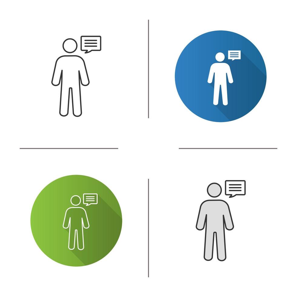 Man with speech bubble icon. Talking person. Announcement. Speaking man. Flat design, linear and color styles. Isolated vector illustrations