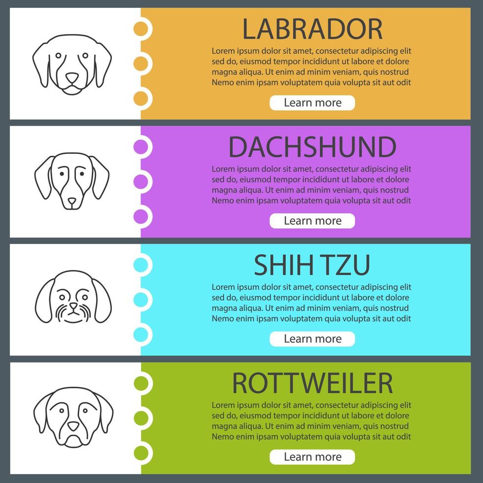 conjunto de plantillas de banner web de razas de perros. labrador, perro salchicha, shih tzu, rottweiler. elementos del menú de color del sitio web con iconos lineales. conceptos de diseño de encabezados vectoriales vector