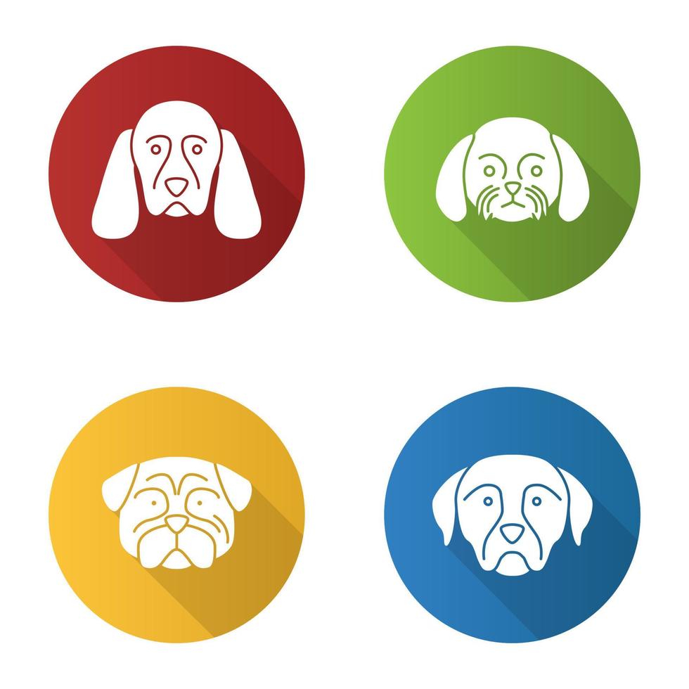 los perros crían el conjunto de iconos de glifo de sombra larga de diseño plano. cocker spaniel, shih tzu, carlino, rottweiler. ilustración de silueta vectorial vector