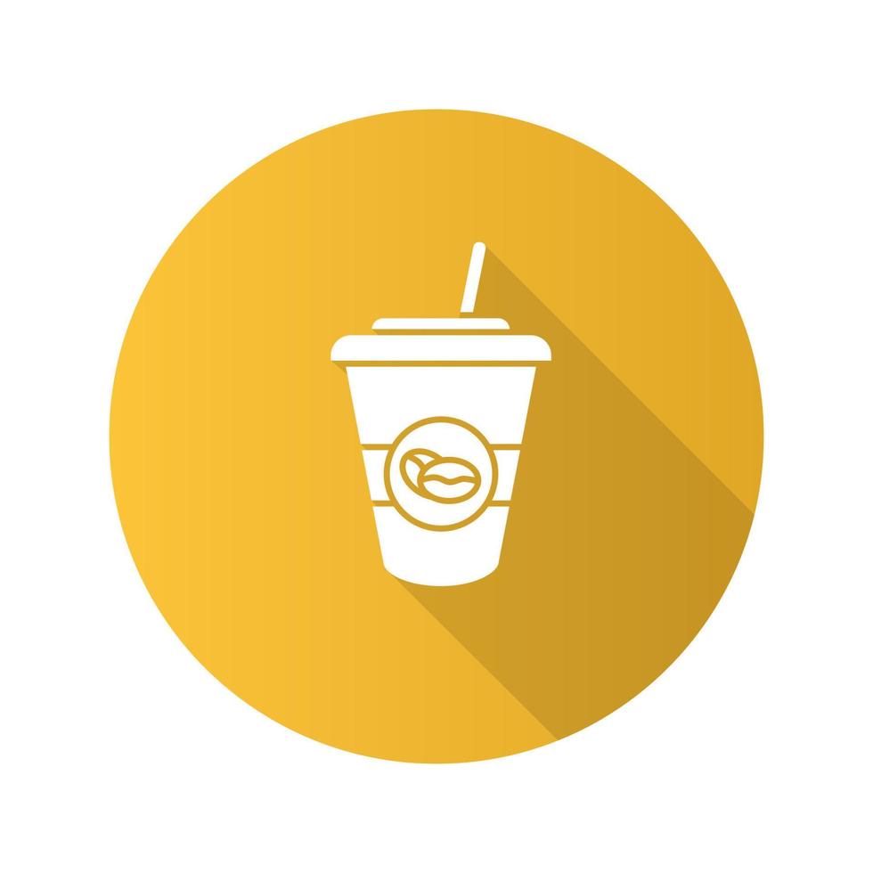 Iced coffee drink flat design long shadow glyph icon. Disposable coffee cup with straw. Vector silhouette illustration