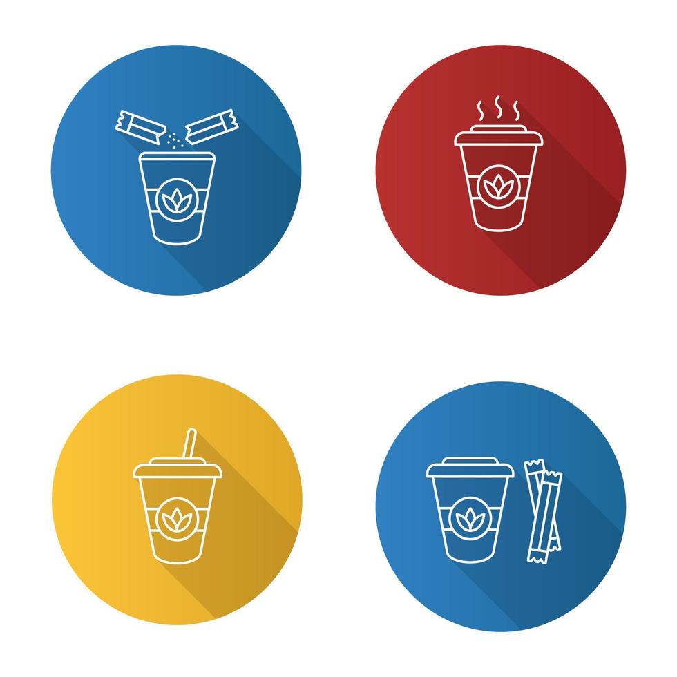 Tea drinks flat linear long shadow icons set. Detox cocktails. Vector outline illustration