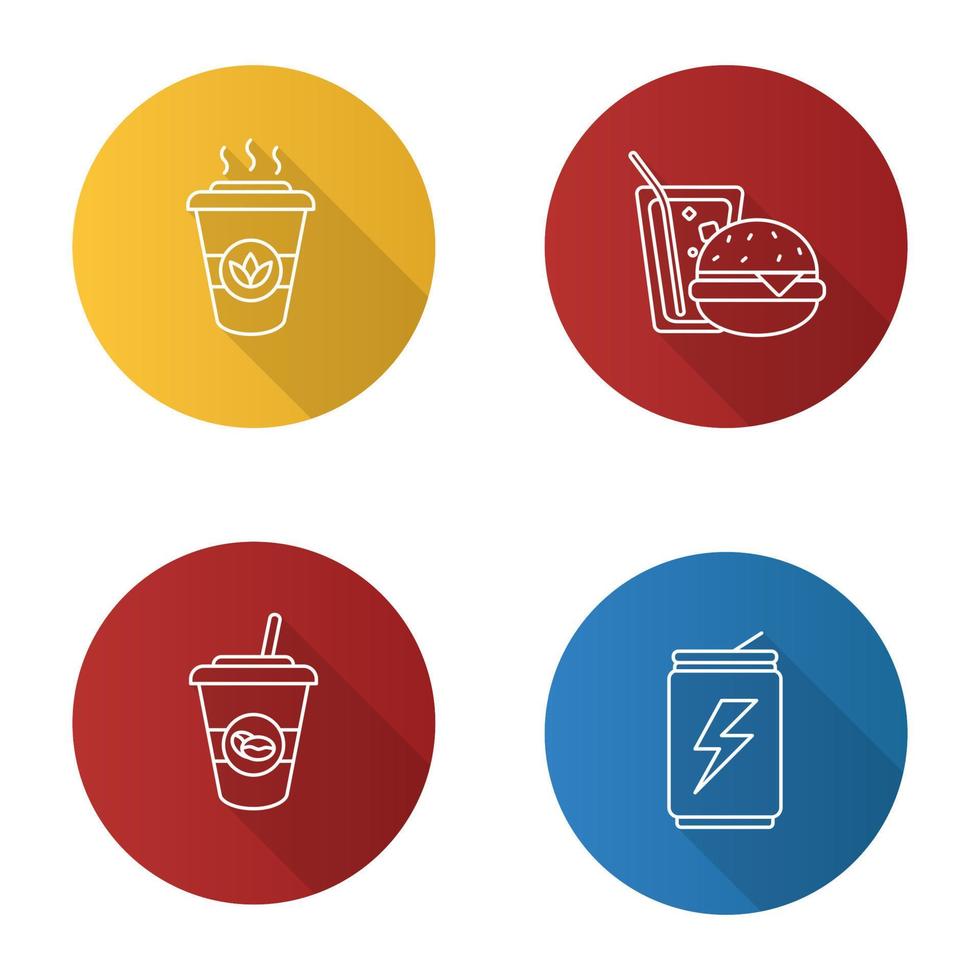Drinks flat linear long shadow icons set. Takeaway coffee and tea, energy drink, soda with burger. Vector outline illustration