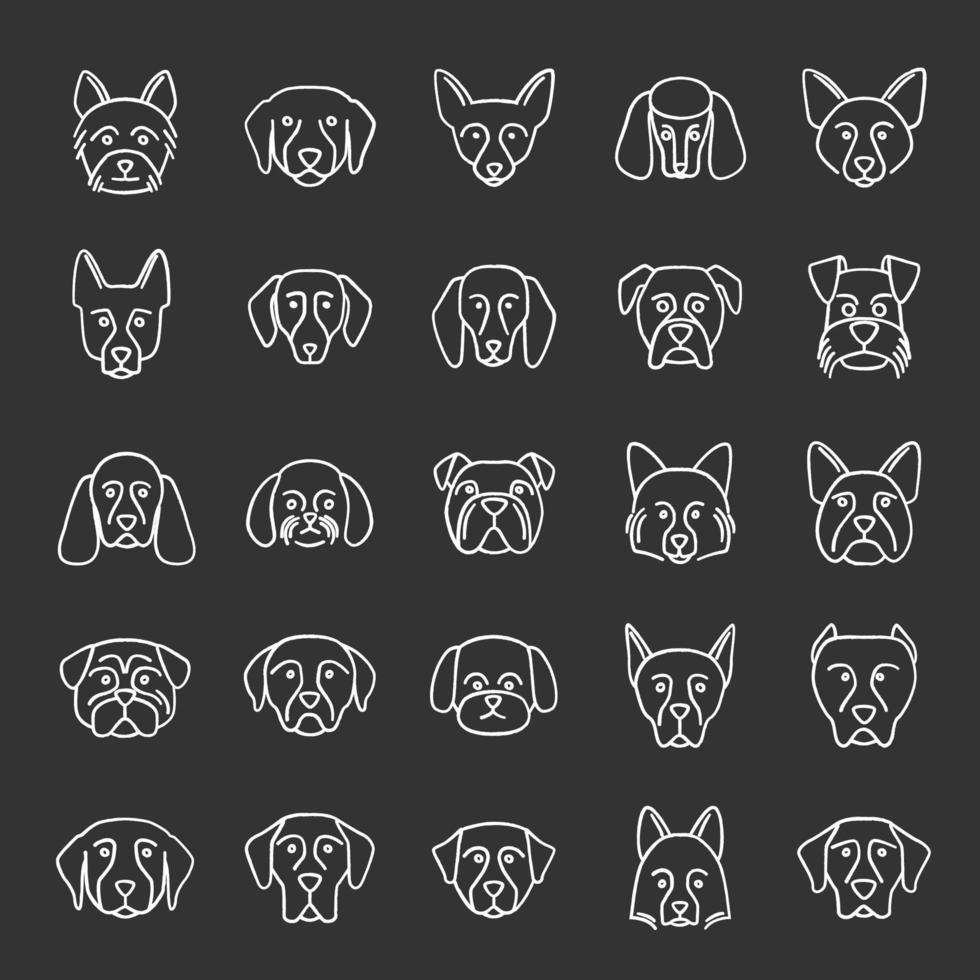 Dogs breeds chalk icons set. Guide, guardian, hunting, herding dogs. Isolated vector chalkboard illustrations