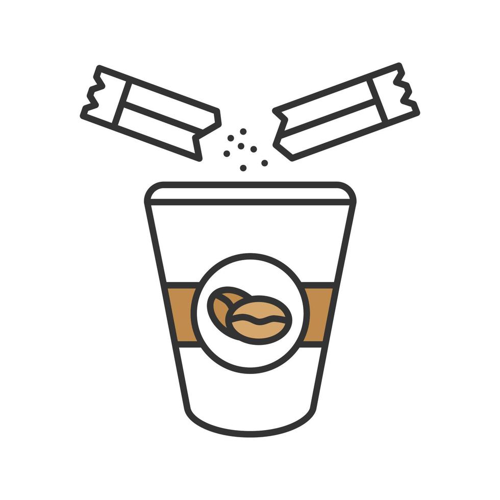 Adding sugar to coffee color icon. Disposable coffee cup and sugar sachet. Isolated vector illustration