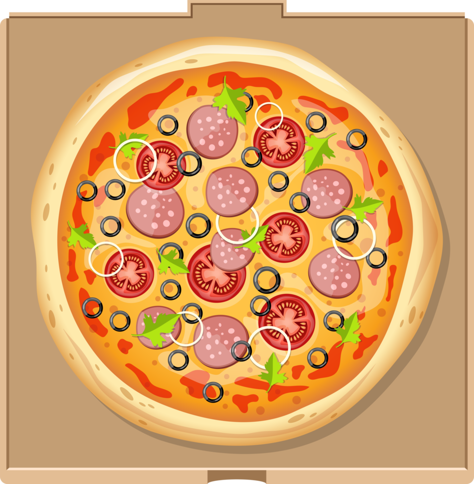 ilustración de diseño de imágenes prediseñadas de pizza fresca y caja de pizza png