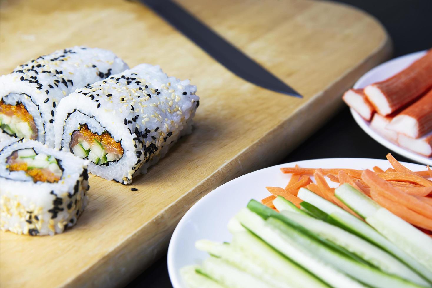 Sushi roll preparing - favorite dish Japanese food recipe concept photo