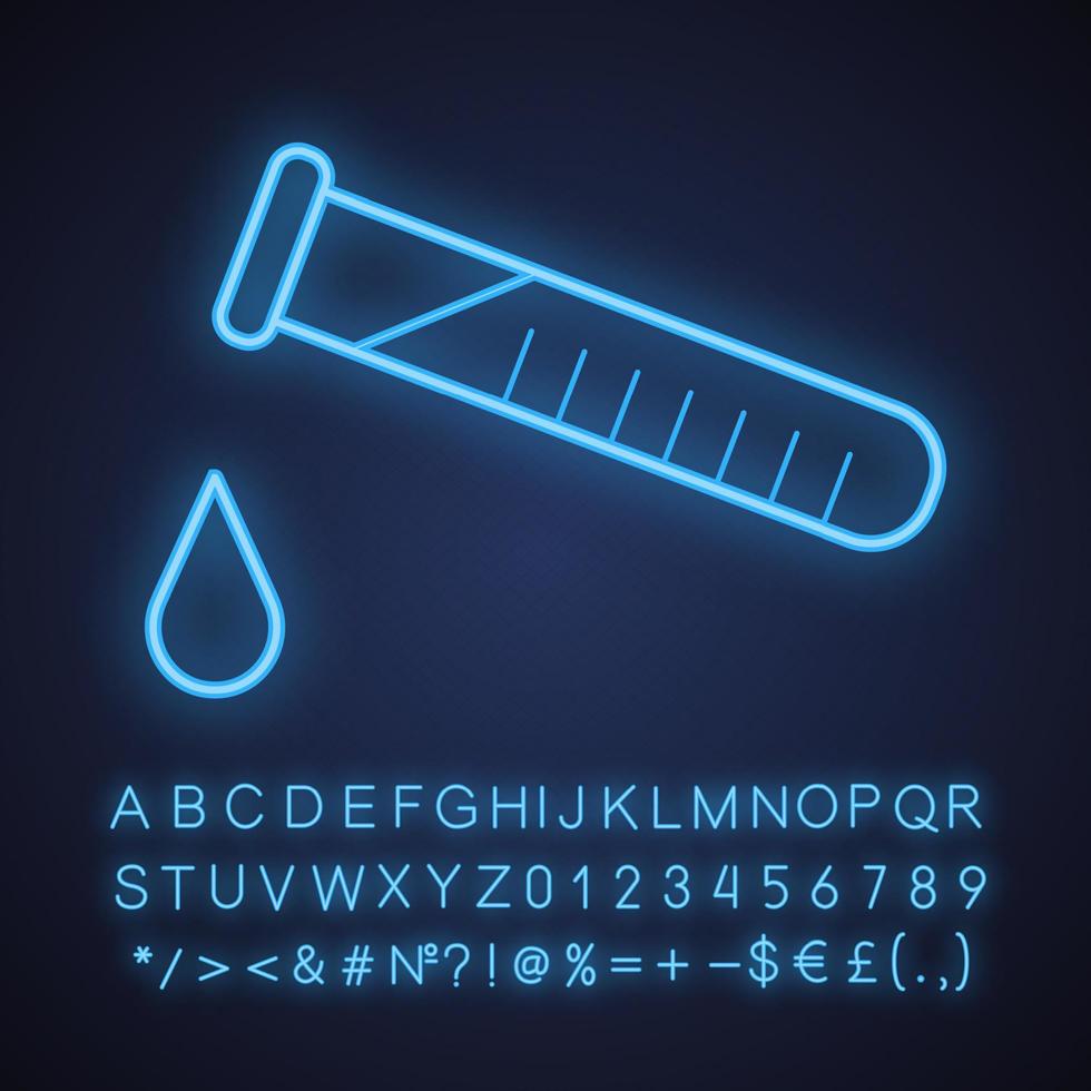 Chemical experiment neon light icon. Laboratory test tube with drop. Glowing sign with alphabet, numbers and symbols. Vector isolated illustration