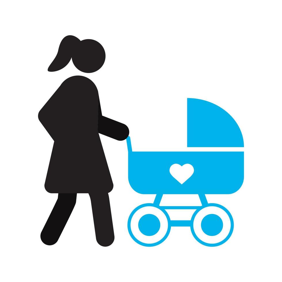 Mother with baby carriage silhouette icon. Pram, stroller. Motherhood. Isolated vector illustration