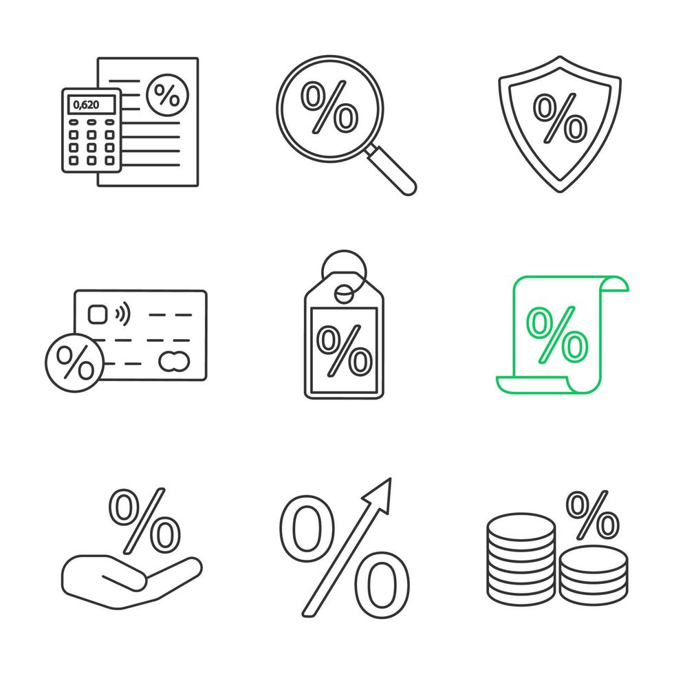 conjunto de iconos lineales de porcentajes. calculadora de porcentaje, búsqueda de descuentos, inversión, tarjeta de crédito, venta, aumento de ganancias, ahorro de dinero, documento. símbolos de contorno de línea delgada. Ilustraciones de vectores aislados