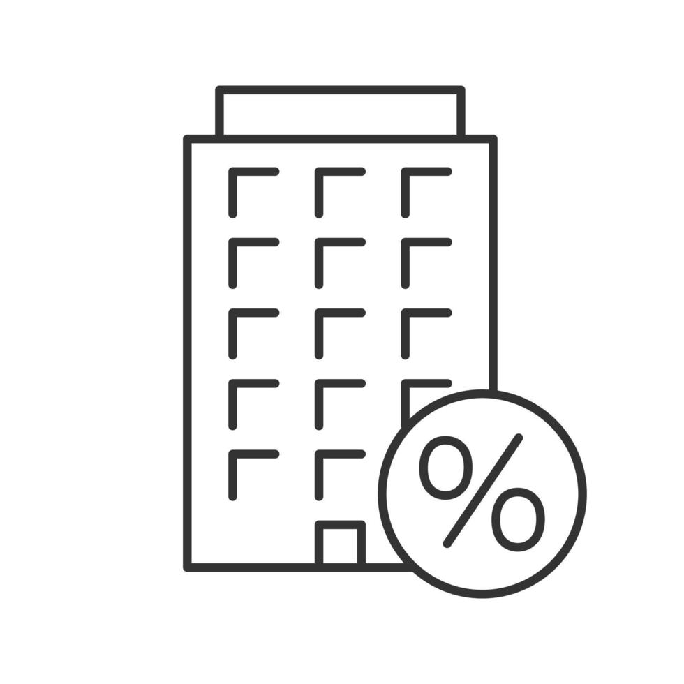 icono lineal de descuento de préstamo hipotecario. ilustración de línea delgada. Tipo de interés hipotecario de pisos y edificios de gran altura. símbolo de contorno dibujo de contorno aislado vectorial vector