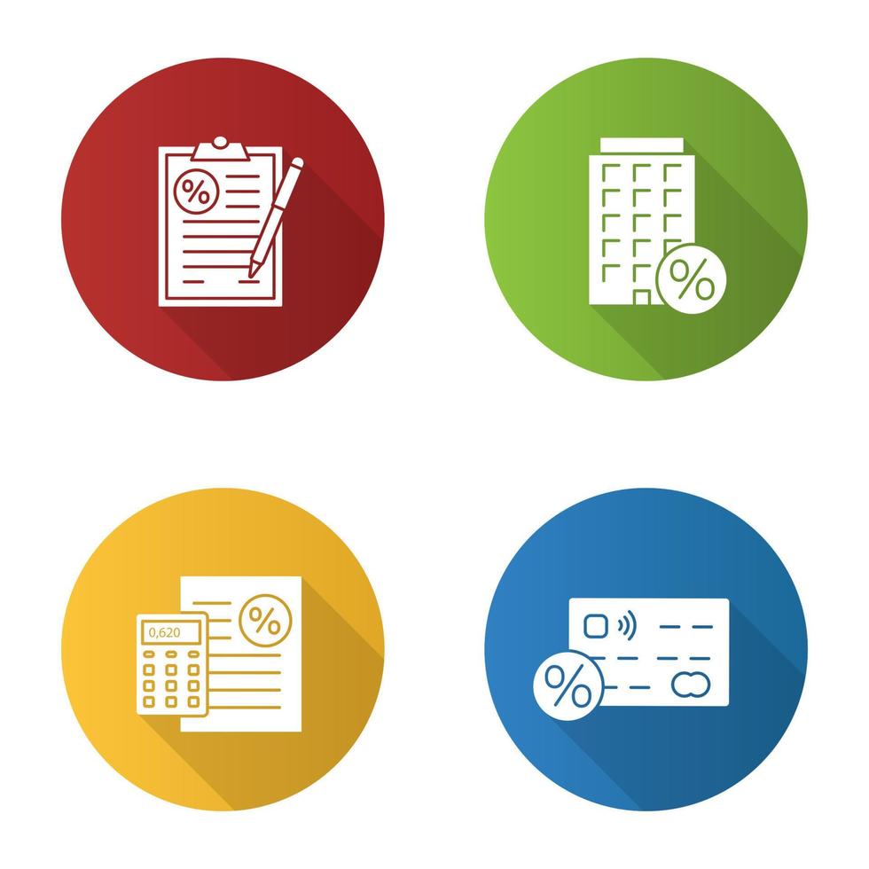 conjunto de iconos de glifo de sombra larga de diseño plano de porcentajes. documento financiero, descuento de préstamo fijo, calculadora porcentual, tasa de interés de tarjeta de crédito. ilustración de silueta vectorial vector