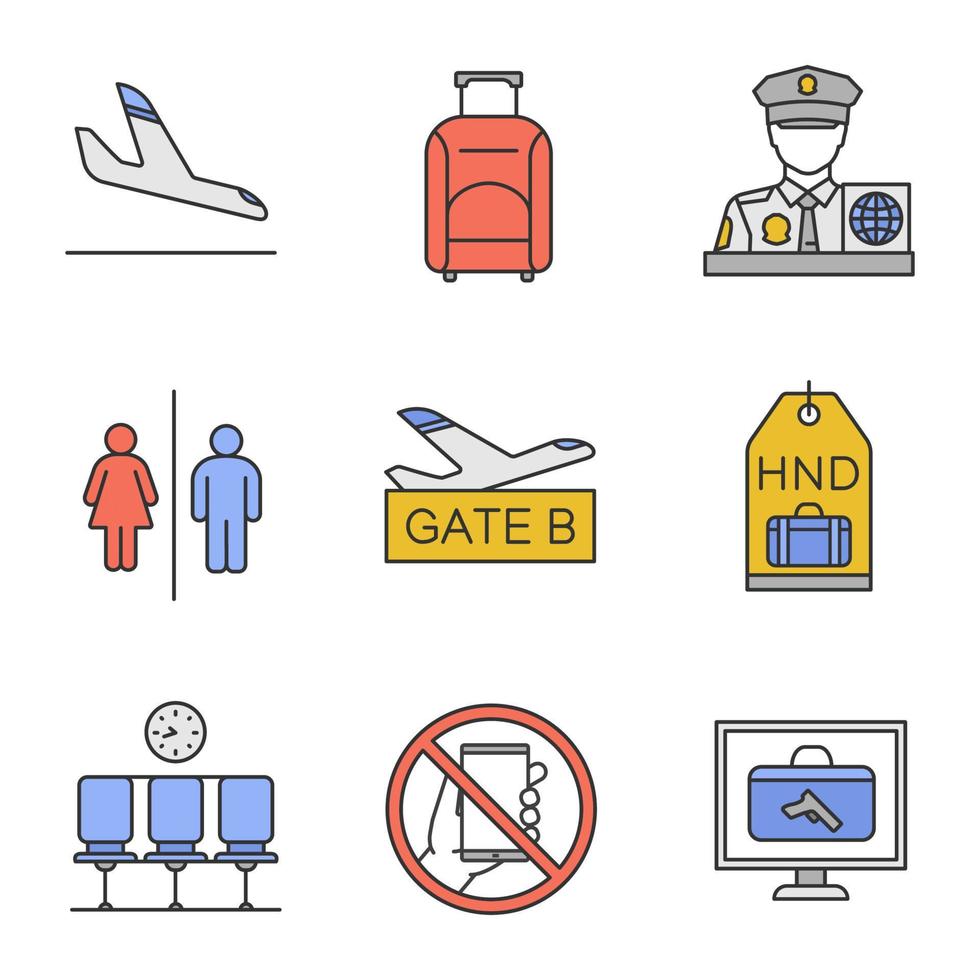 conjunto de iconos de color de servicio de aeropuerto. llegada del avión, equipaje, oficial, wc, puerta del aeropuerto, etiqueta de equipaje, sala de espera, prohibición de teléfono, escáner de bolsos. ilustraciones de vectores aislados