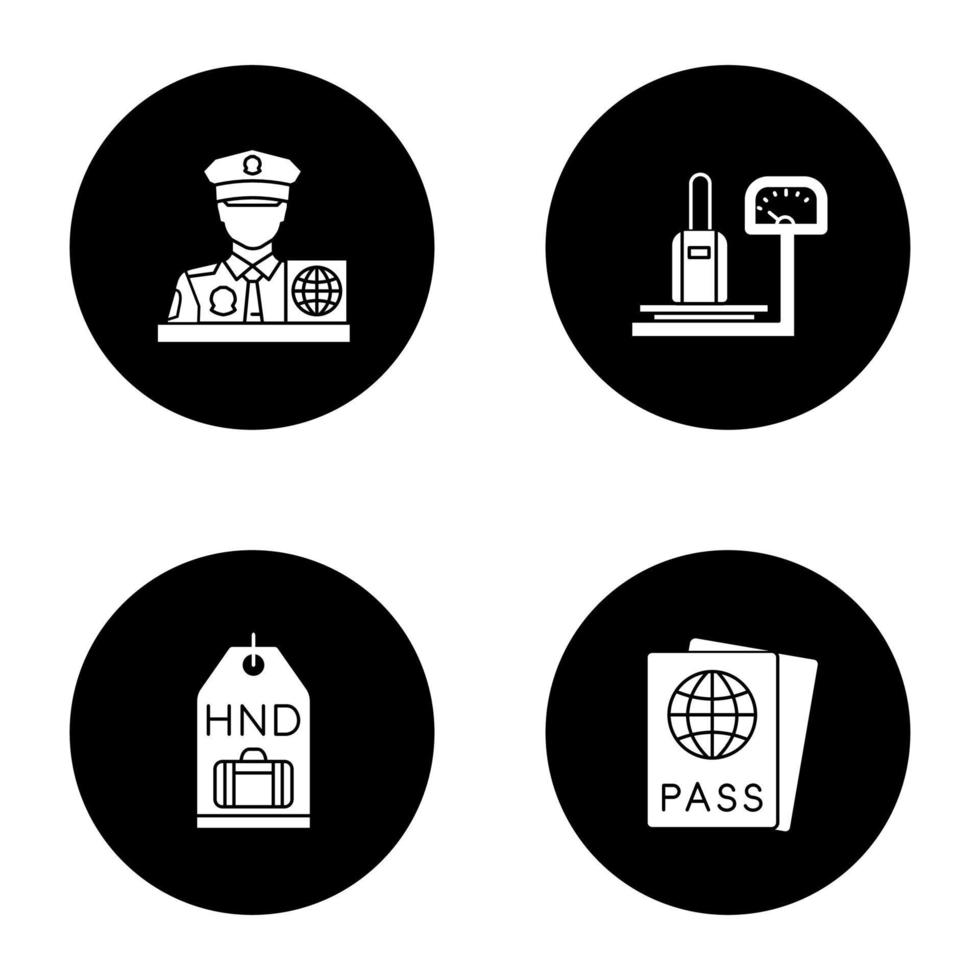 conjunto de iconos de glifo de servicio de aeropuerto. oficial de control de pases, básculas de equipaje, etiqueta de equipaje, pasaporte. ilustraciones de siluetas blancas vectoriales en círculos negros vector