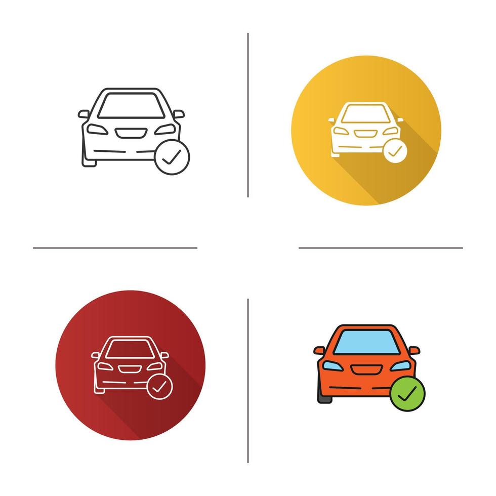 Car with check mark icon. Flat design, linear and color styles. Total automobile check. Isolated vector illustrations