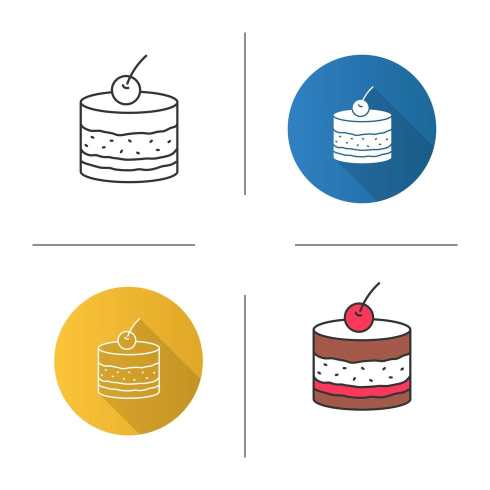 Tiramisu icon. Cake with cherry. Flat design, linear and color styles. Isolated vector illustrations